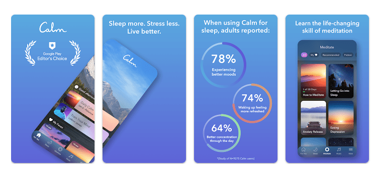 Calm app screenshots showing Google Play Editor's Choice award, user statistics, and meditation categories