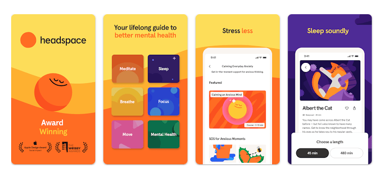 Headspace app screens showing categories like Meditate, Sleep, and Focus, plus features for stress and sleep stories