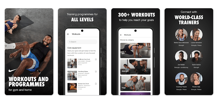 Screenshots of the Nike Training Club app showing workout programs for all levels, HIIT and Yoga categories, and trainers