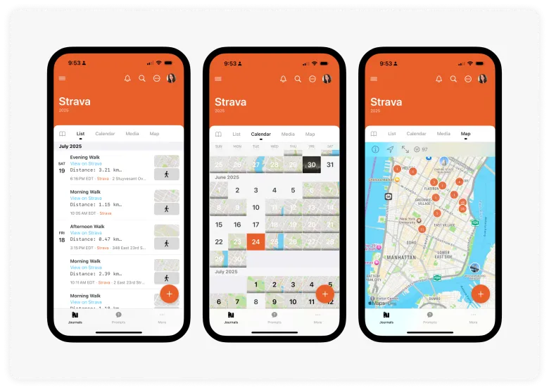 Three Strava app screens showing a list of logged activities, a monthly activity calendar, and a map view