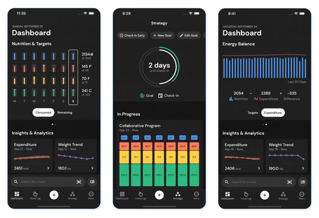 Three screenshots of the MacroFactor app interface showing nutrition targets, expenditure insights, and weight trends