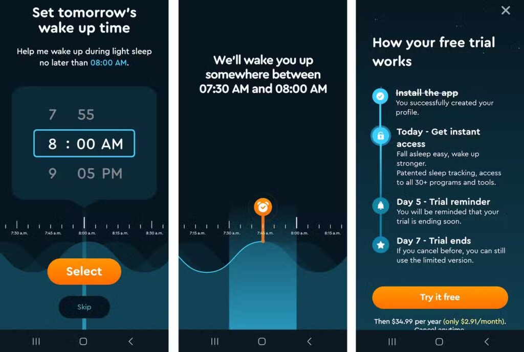 Sleep Cycle app interface showing the smart alarm wake-up window and a 7-day free trial timeline