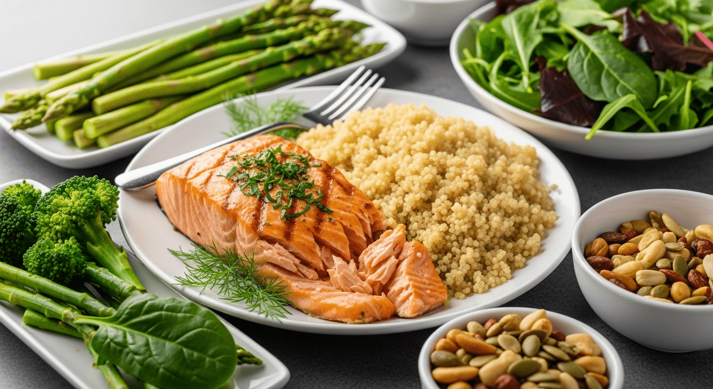 A vibrant table setting featuring healthy protein-rich food like grilled salmon, quinoa, and fresh green vegetables.