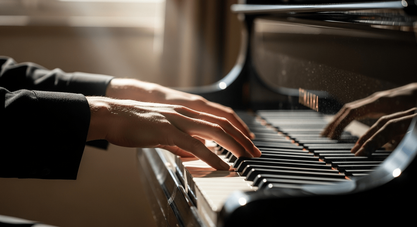 A close-up photograph of a pianist hands gently playing a grand piano in a sunlit room.