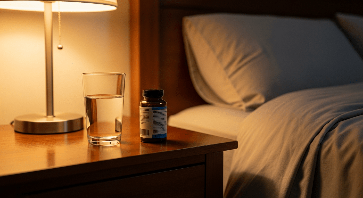 A calm, well-lit bedroom setting with a glass of water and a small bottle of supplements on a wooden nightstand, symbolizing rest and recovery.