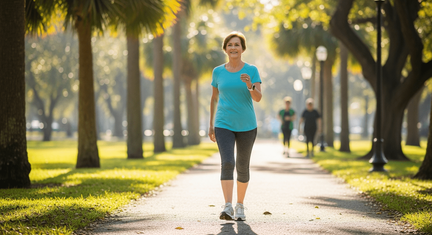 A middle aged woman enjoying a morning walk in a sunlit Florida park to represent metabolic health.