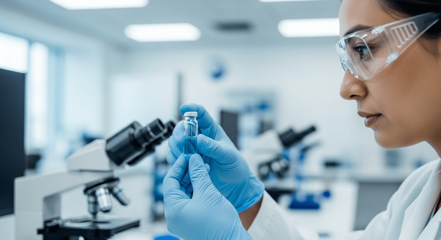 A close-up of a scientist holding a laboratory vial in a bright, modern medical research facility.