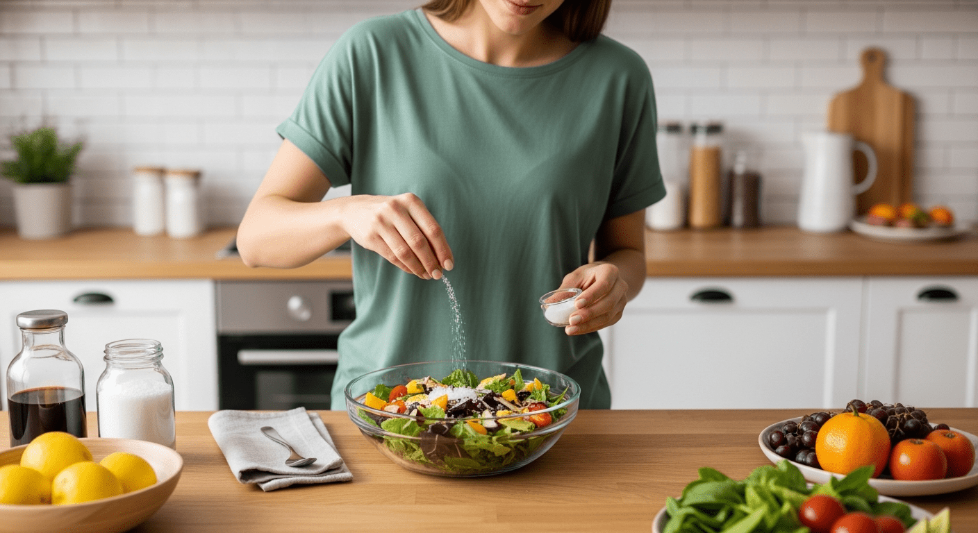 A woman pouring a small amount of sea salt onto a healthy salad while sitting at a kitchen table.