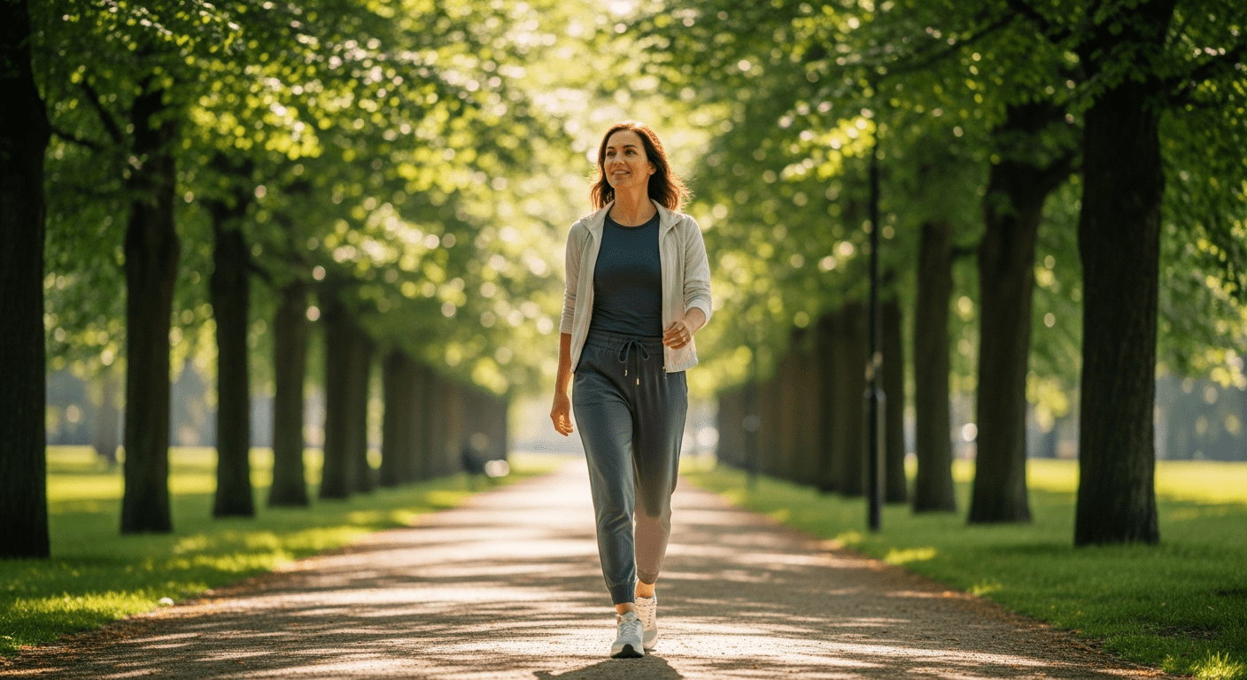 A woman confidently walking through a sunny park path to represent mental clarity and habit change.
