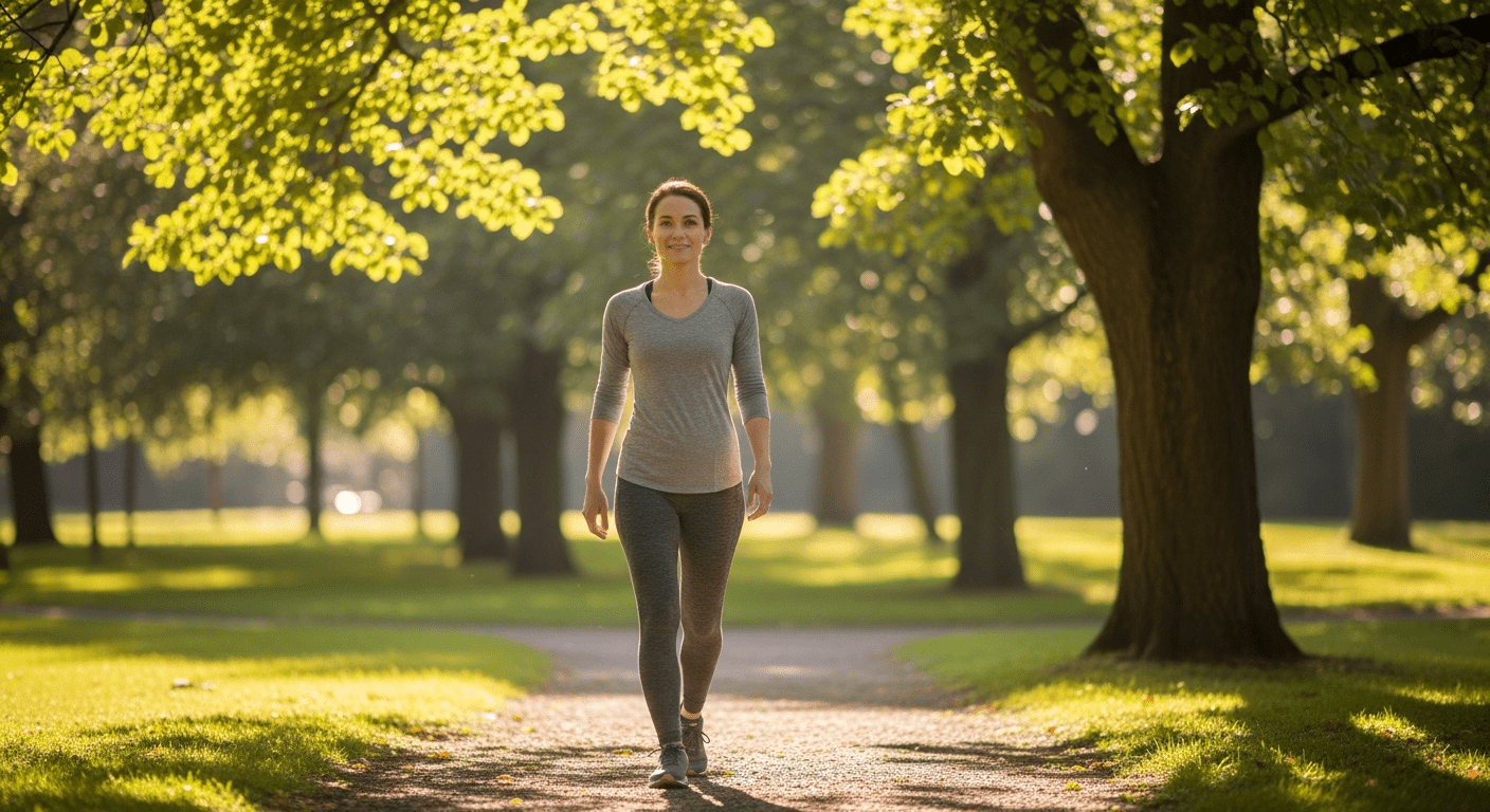 A calm, healthy woman taking a walk in a sunny park to emphasize natural pain management and wellness.