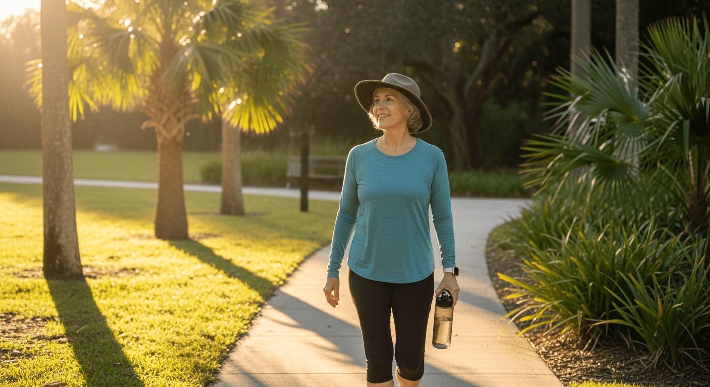 A vibrant woman in her fifties enjoying a morning walk in a sunlit Florida park to stay active.