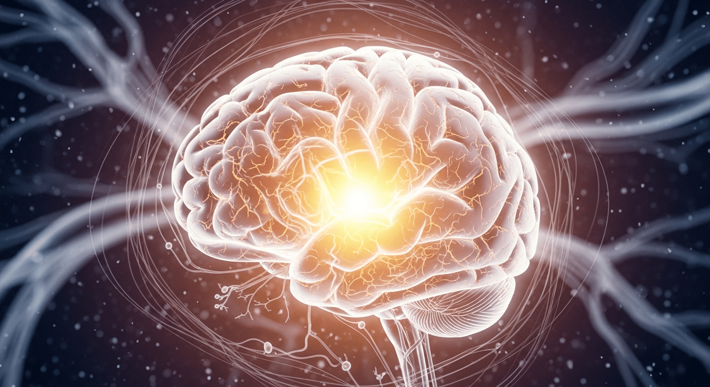 A close-up of a vibrant, healthy brain illustration glowing with soft light to represent neural wellness.