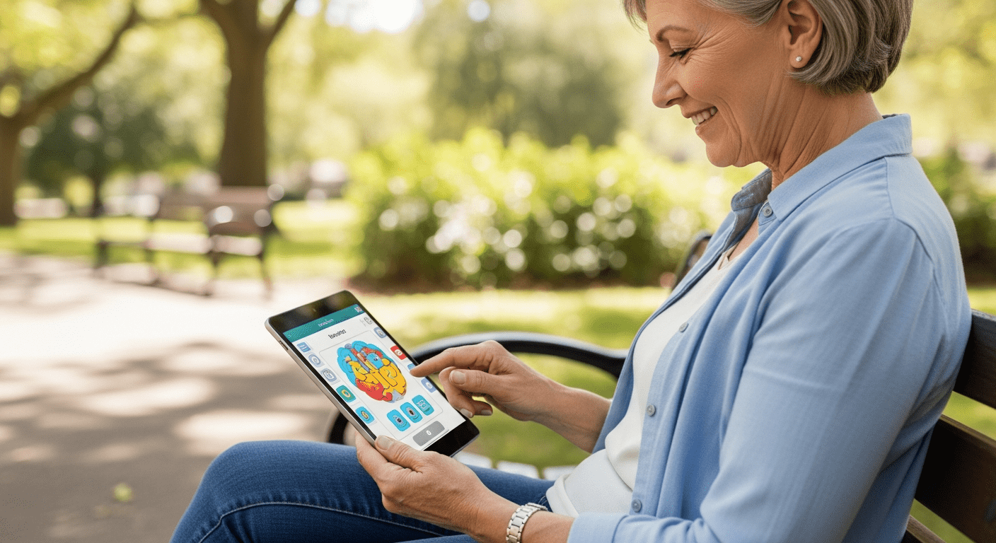 A smiling senior woman engaging in a digital brain exercise on a tablet while sitting on a park bench.