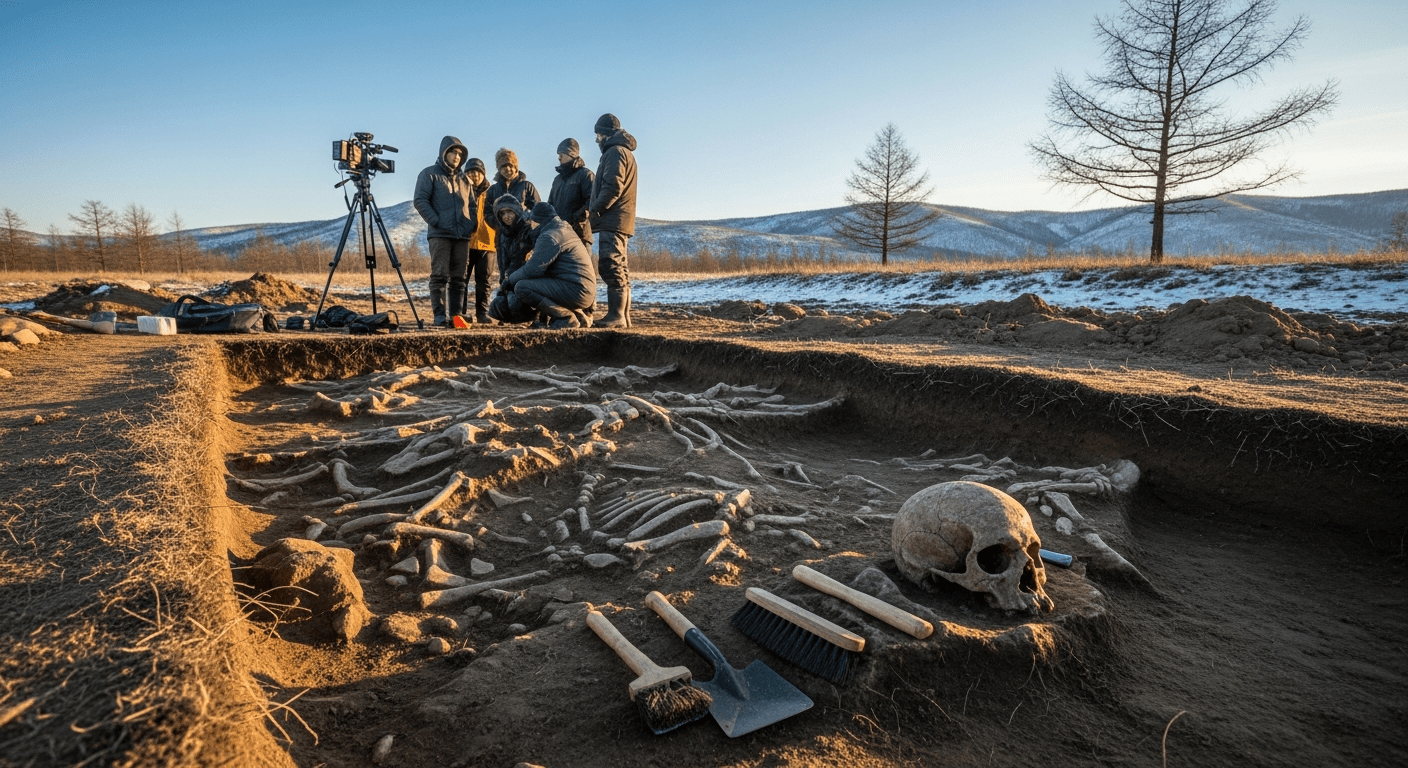 A close-up view of an ancient archeological dig site in a Siberian landscape.