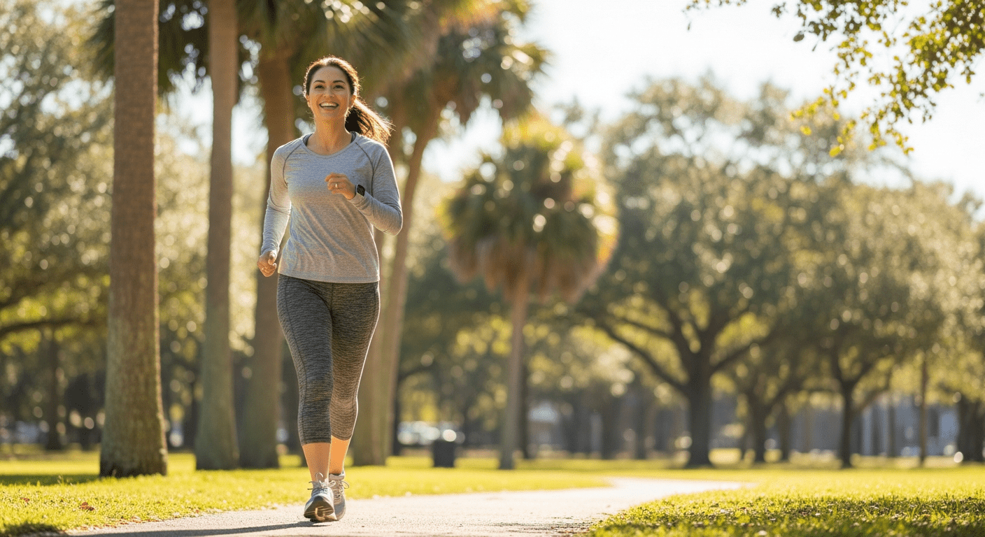 A photograph of a healthy, vibrant woman walking through a sunny Florida park to emphasize brain health through lifestyle.