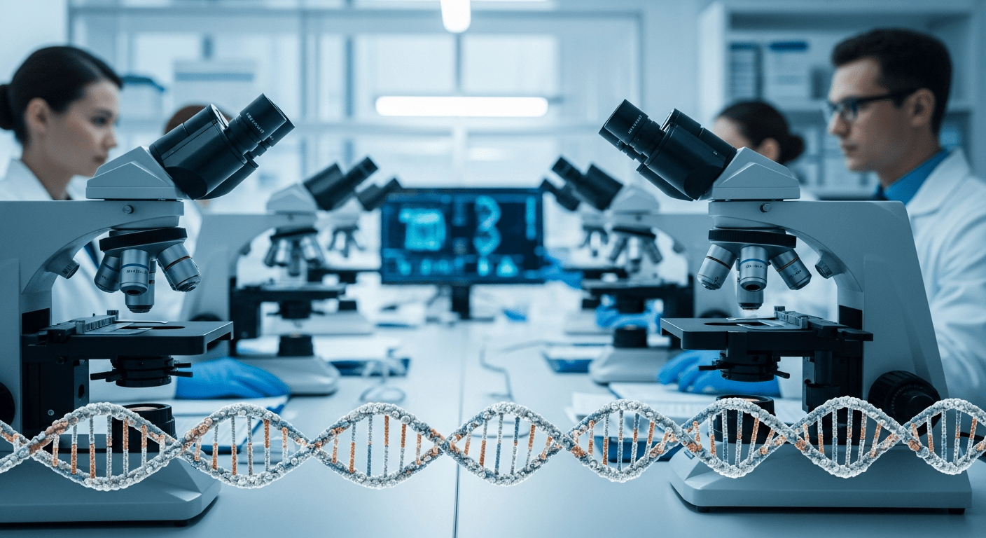 A microscopic view of healthy human DNA strands being analyzed in a laboratory setting.