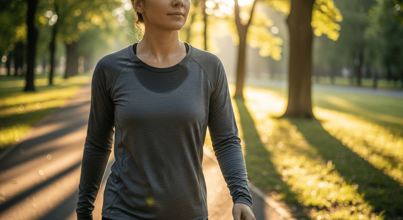 A close-up of a person taking a morning walk in a sunlit park to symbolize proactive health awareness.