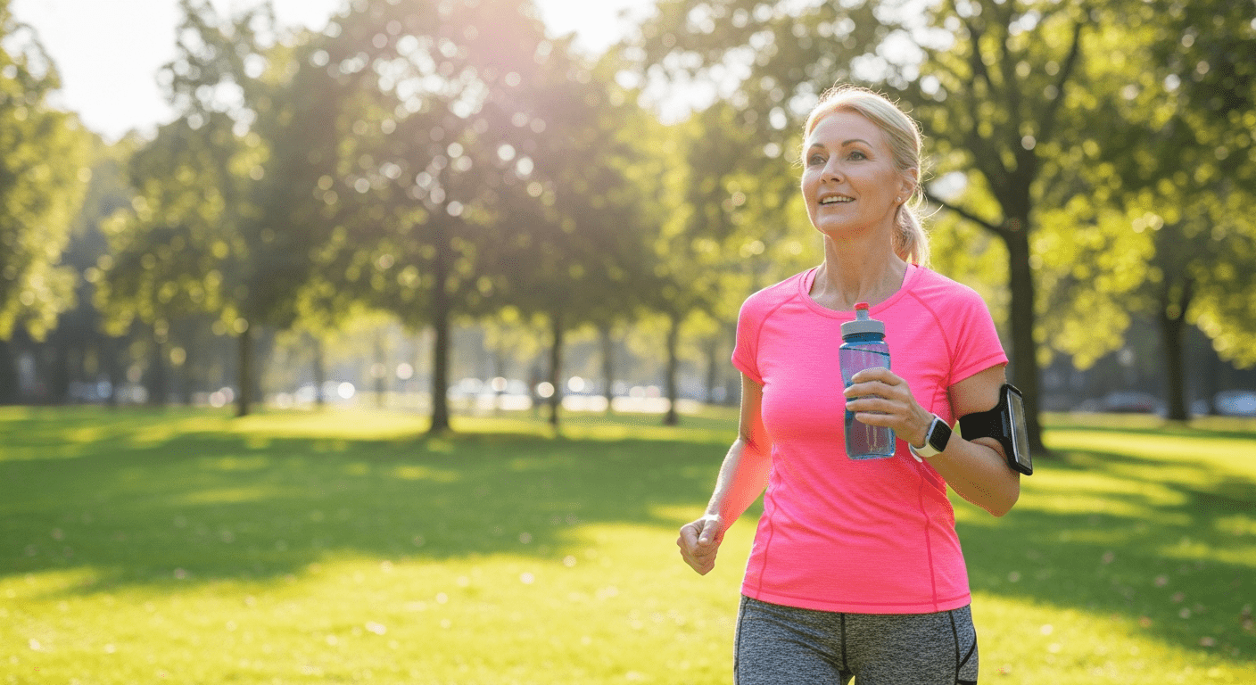 A middle-aged woman wearing activewear and walking through a bright, sunlit park while holding a water bottle.